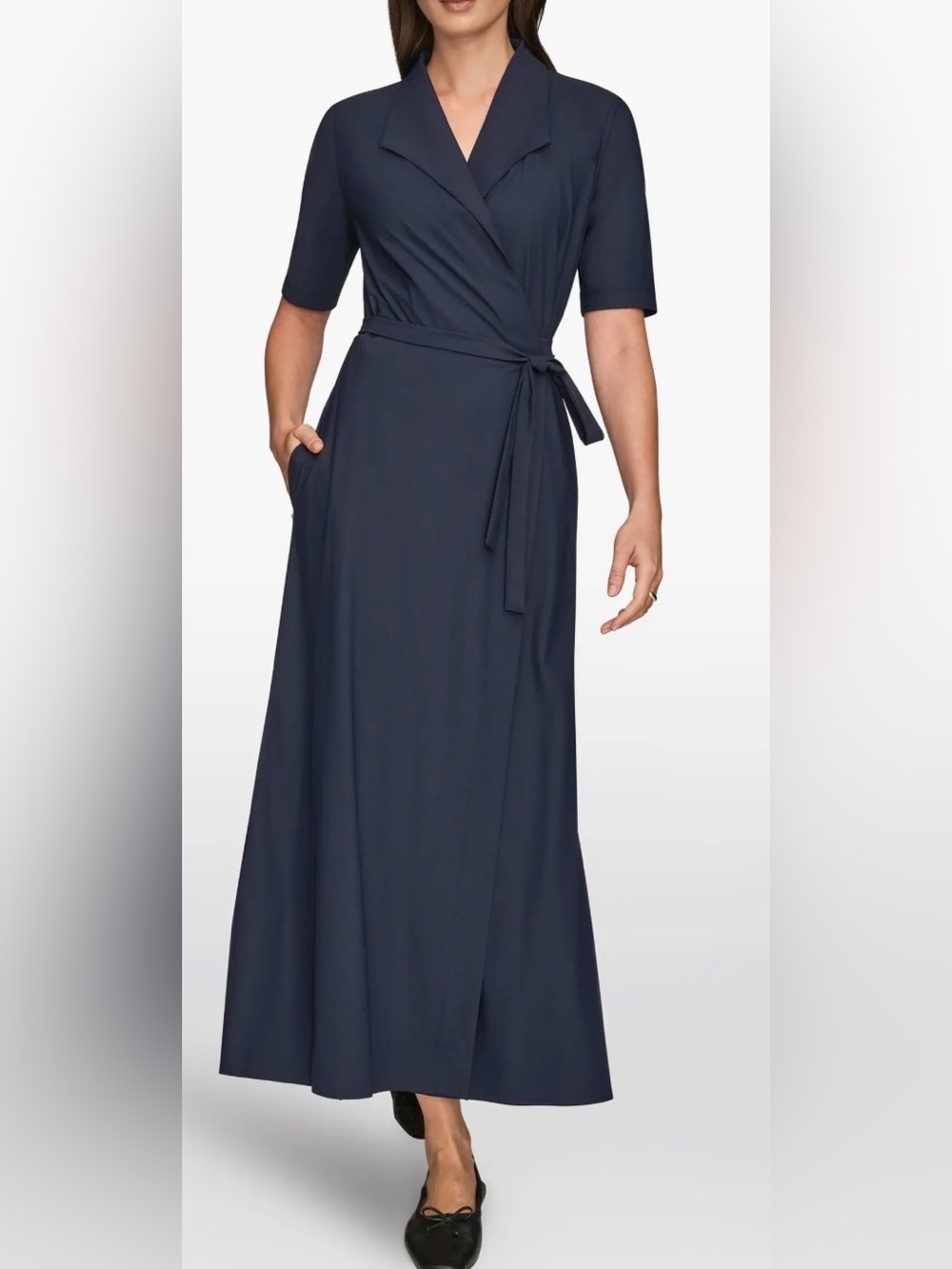 NEW Donna Karan New York Elbow Sleeve Wrap Black Maxi Dress Sz 8